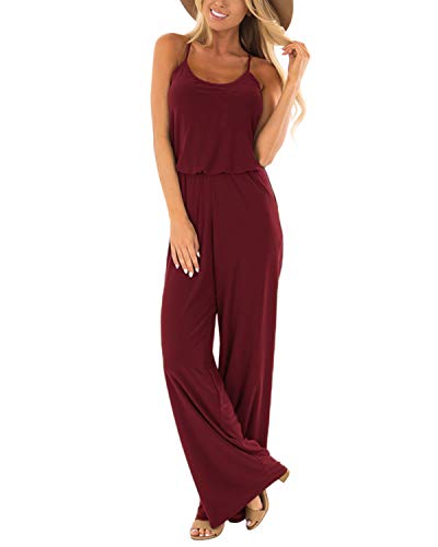 SUNNYME - Mono holgado para mujer, sin mangas, con correa de espagueti, pierna ancha, con bolsillos A-Vino Rojo L