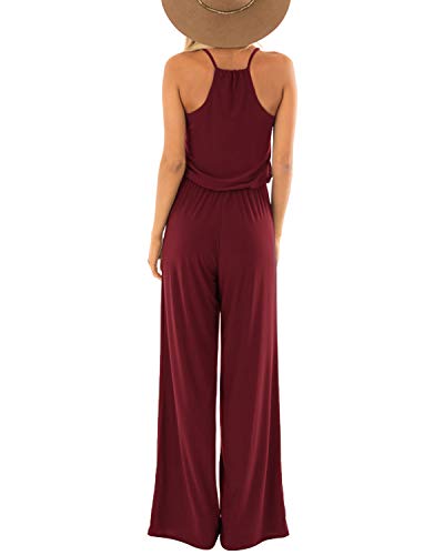 SUNNYME - Mono holgado para mujer, sin mangas, con correa de espagueti, pierna ancha, con bolsillos A-Vino Rojo L