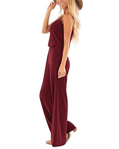 SUNNYME - Mono holgado para mujer, sin mangas, con correa de espagueti, pierna ancha, con bolsillos A-Vino Rojo L