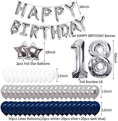 SUNPAT Decoraciones de 18 Cumpleaños, Feliz Cumpleaños Banner Kit Número 18 Set de Decoraciones de Fiesta Con Globos de Ppapel de Aluminio Azul y Astilla Para Hombres