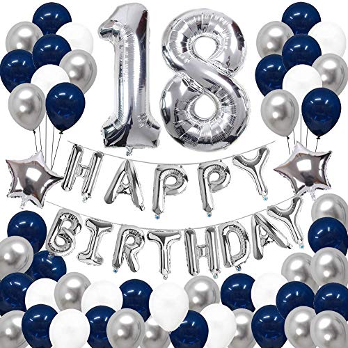 SUNPAT Decoraciones de 18 Cumpleaños, Feliz Cumpleaños Banner Kit Número 18 Set de Decoraciones de Fiesta Con Globos de Ppapel de Aluminio Azul y Astilla Para Hombres