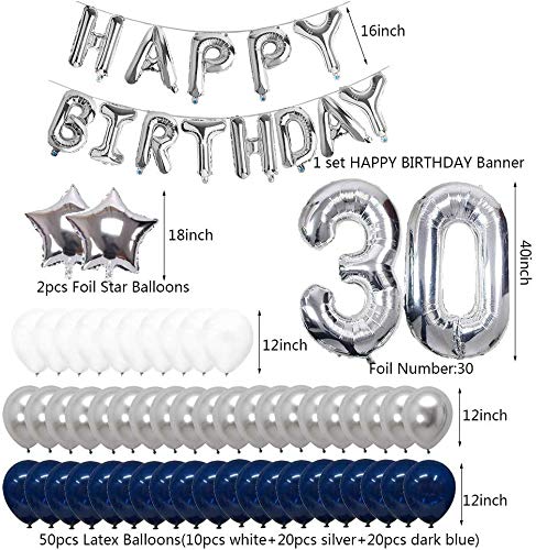 SUNPAT Decoraciones de 30 Cumpleaños, Feliz Cumpleaños Banner Kit Número 30 Set de Decoraciones de Fiesta Con Globos de Ppapel de Aluminio Azul y Astilla Para Hombres