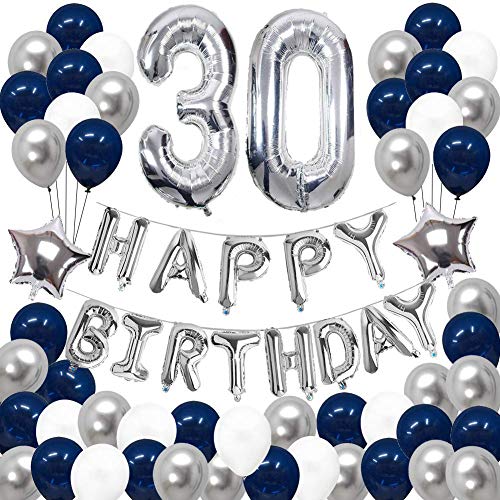 SUNPAT Decoraciones de 30 Cumpleaños, Feliz Cumpleaños Banner Kit Número 30 Set de Decoraciones de Fiesta Con Globos de Ppapel de Aluminio Azul y Astilla Para Hombres