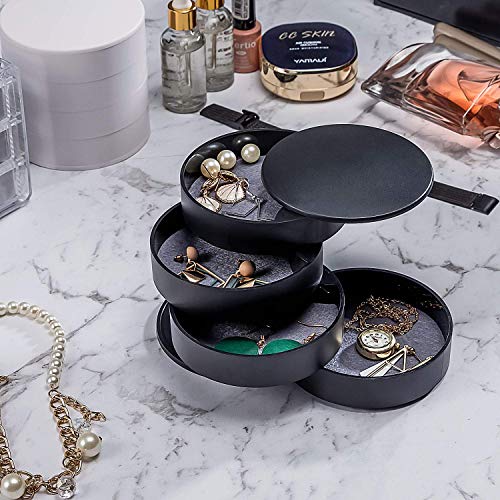 Sunshine smile Caja Joyero Organizador Rotación de 360°,4 Niveles Joyero Organizador,Pequeña Joyero Viaje Decorativas,Joyero de Viaje pequeño para niñas,Joyeros Redondos (Negro)