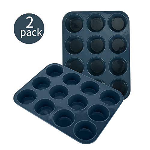 SUPER KITCHEN Molde de Silicona Grande para 12 Magdalenas, Juego de 2 Bandejas para Hornear Muffin con Recubrimiento Antiadherente para Muffins, Cupcake, Brownie, Budín 33 x 25x 3 cm (Gris)