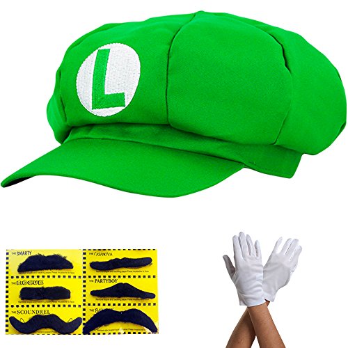 Super Mario Gorra Luigi - Disfraz para Adultos y niños en 4 Colores Diferentes + Guantes y 6X Barba pegajosa Carnaval y Cosplay