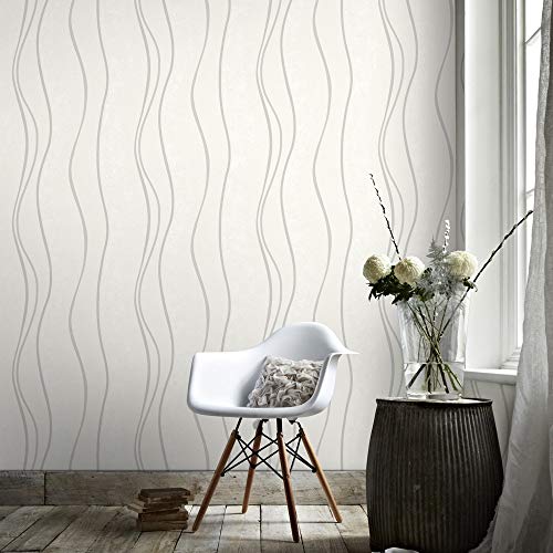 Superfresco Elan - Papel pintado con textura y rayas onduladas, color blanco y plateado