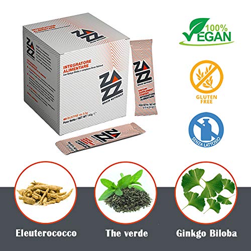 Suplemento para memoria y concentración Zazz. Nootrópico natural con ginkgo biloba, eleuterococo, té verde - Contra el cansancio, Proporciona energía, bienestar físico y mental - Paquete de 40 sachets