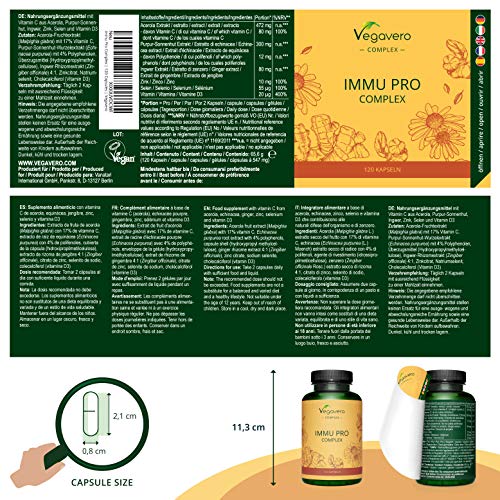 Suplemento Para Sistema Inmunitario* Vegavero® | 100% Natural | Equinácea + Vitamina C + Jengibre + Vitamina D3 + Zinc + Selenio | 120 Cápsulas | Apto Para Veganos | Immu Pro Complex