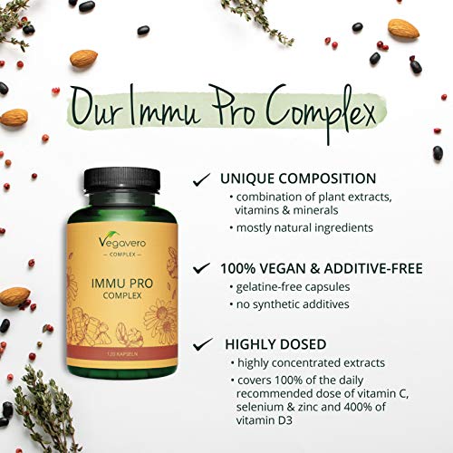 Suplemento Para Sistema Inmunitario* Vegavero® | 100% Natural | Equinácea + Vitamina C + Jengibre + Vitamina D3 + Zinc + Selenio | 120 Cápsulas | Apto Para Veganos | Immu Pro Complex