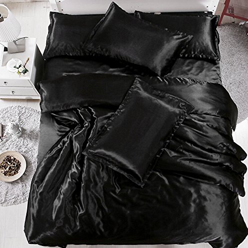 Surfmalleu 4PCS Juego de Sábanas Conjunto Funda Cubierta Kit de Cama de Edredón Satén Nórdica Bajera Almohada de Seda Moderna Suave 150 * 200 200 * 230 220 * 240 cm (Negro, 1.5m)