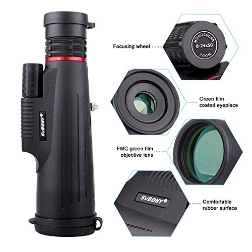 Svbony SV12 Telescopio Monocular, 8-24x50 Zoom Monocular, Portátil Compacto FMC Lens Monocular para Deportes de Aire Libre Acampar Senderismo Climbing (Negro)