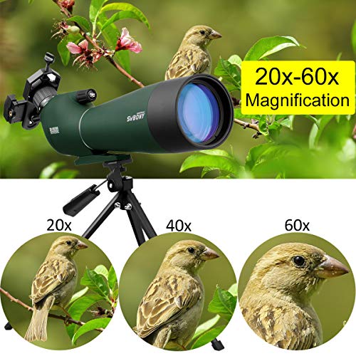 Svbony SV28 Telescopio Terrestre 20-60x80mm IP65 Impermeable Bak-4 Prism Telescopio Terrestre Potente Trípode y Adaptador de Smartphone para la Observación de Aves