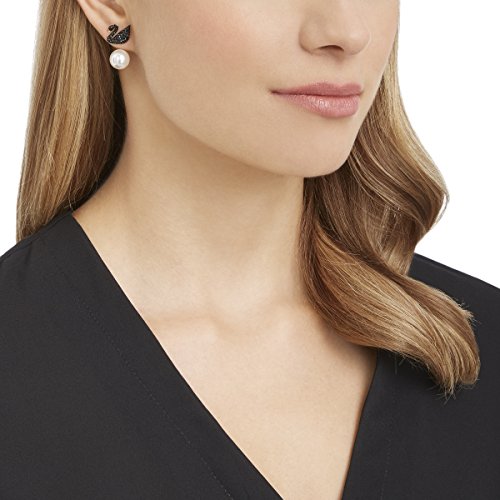 Swarovski Pendientes Ear Jacket Iconic Swan, negro, Baño en tono Oro Rosa