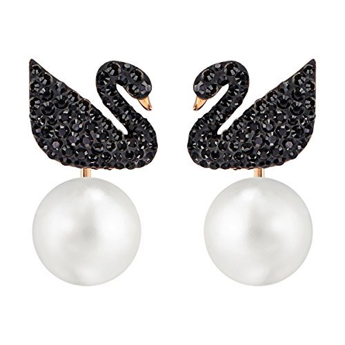 Swarovski Pendientes Ear Jacket Iconic Swan, negro, Baño en tono Oro Rosa