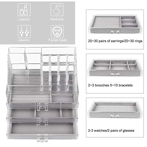 SWAWIS Cosméticos Joyería Organizador de 3 Cajones + Caja de Pintalabios Organizador de Maquillaje Acríplico para Aretes, Brazaletes y Collares