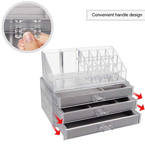 SWAWIS Cosméticos Joyería Organizador de 3 Cajones + Caja de Pintalabios Organizador de Maquillaje Acríplico para Aretes, Brazaletes y Collares