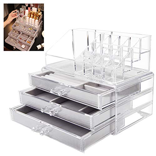 SWAWIS Cosméticos Joyería Organizador de 3 Cajones + Caja de Pintalabios Organizador de Maquillaje Acríplico para Aretes, Brazaletes y Collares