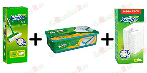 Swiffer Kit 1 Mopa de Suelo con 8 Dusters + 24 Ropa húmeda + Recambios de Duster 80's - Paquete