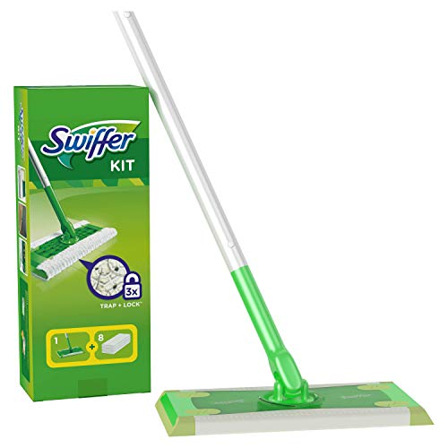 Swiffer Mopa Kit De Inicio Con 1 Mango Y 8 Paños Secos De Recambio, Atrapa Y Retiene El Polvo