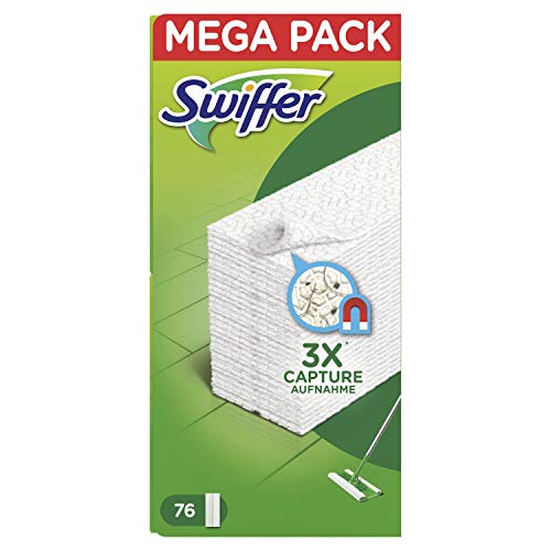 Swiffer - Paños de repuesto para escoba, para atrapar y capturar 3 veces más polvo, suciedad y pelos de una escoba tradicional 76 Panni
