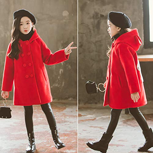 SXSHUN Niñas Abrigo Acolchado de Lana con Estampado Chaqueta de Princesa con Capucha para Invierno, Rojo, 9-10 años (Etiqueta: 160)