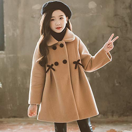 SXSHUN Niñas Abrigo Acolchado de Lana con Lazo Chaqueta de Princesa con Botones para Invierno, Marrón, 4-5 años (Etiqueta: 130)