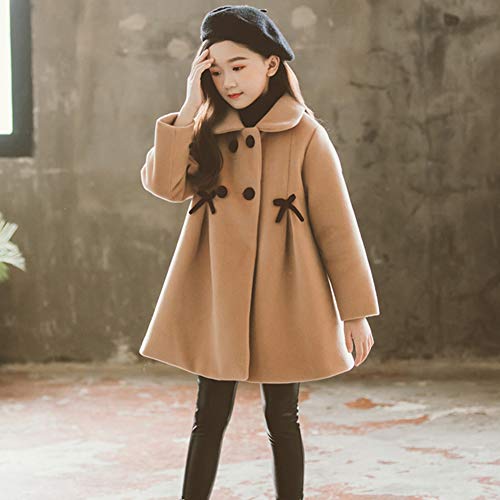 SXSHUN Niñas Abrigo Acolchado de Lana con Lazo Chaqueta de Princesa con Botones para Invierno, Marrón, 4-5 años (Etiqueta: 130)