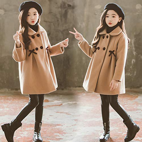 SXSHUN Niñas Abrigo Acolchado de Lana con Lazo Chaqueta de Princesa con Botones para Invierno, Marrón, 4-5 años (Etiqueta: 130)