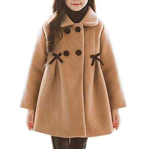 SXSHUN Niñas Abrigo Acolchado de Lana con Lazo Chaqueta de Princesa con Botones para Invierno, Marrón, 4-5 años (Etiqueta: 130)