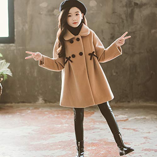 SXSHUN Niñas Abrigo Acolchado de Lana con Lazo Chaqueta de Princesa con Botones para Invierno, Marrón, 4-5 años (Etiqueta: 130)