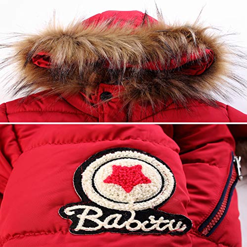 SXSHUN Niños Chaqueta de Invierno con 2 Cremalleras Abrigo Acolchado con Capucha de Pelo, Rojo, 9-10 años (Etiqueta: 140cm)