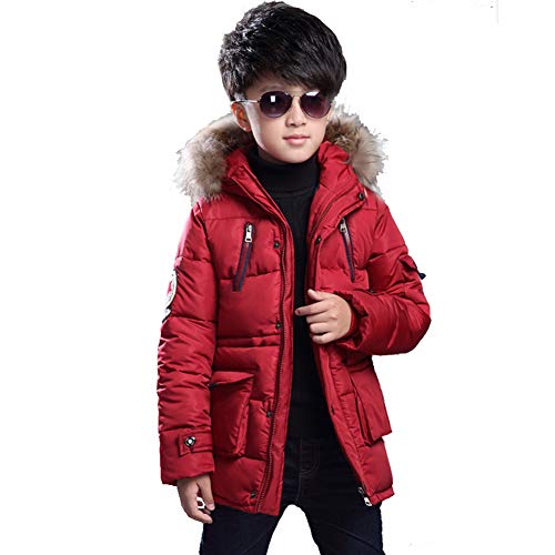 SXSHUN Niños Chaqueta de Invierno con 2 Cremalleras Abrigo Acolchado con Capucha de Pelo, Rojo, 9-10 años (Etiqueta: 140cm)