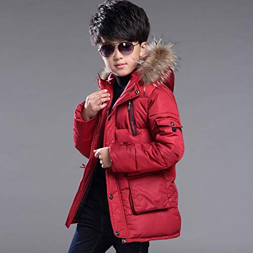 SXSHUN Niños Chaqueta de Invierno con 2 Cremalleras Abrigo Acolchado con Capucha de Pelo, Rojo, 9-10 años (Etiqueta: 140cm)