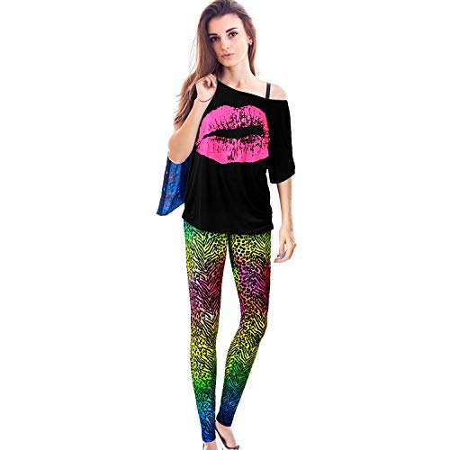 Syhood Conjunto de Disfraces de Mujer de los 80, Camiseta con Estampado de Labios y Pantalones Legging de los 80, Hombro Informal de Gran Tamaño (Estampado de Leopardo, XXL)