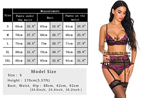 Sykooria Conjunto de Lencería Sexy Hueca Tirantes de Encaje Transparente Sujetadores con Liguero y Tanga Body Ropa de Dormir