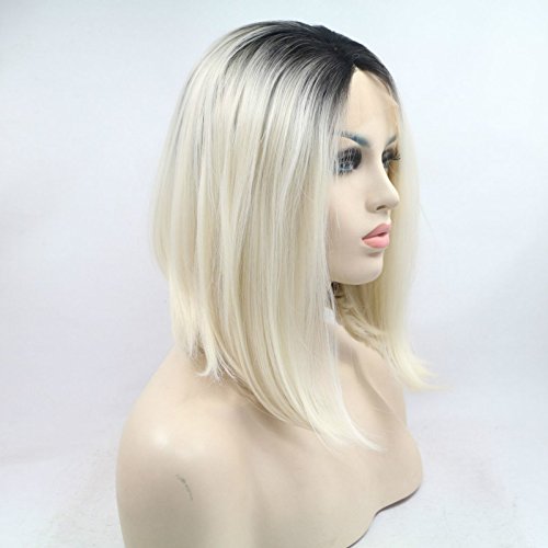 Sylvia - Peluca pelo corte Bob, ombré, raíces negras, melena rubia, pelo de fibra resistente al calor