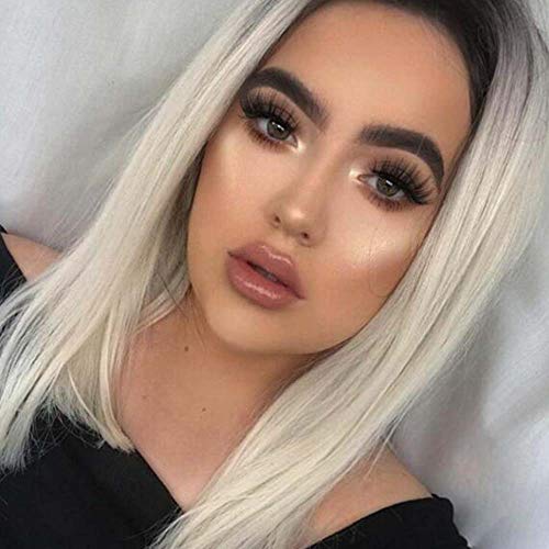 Sylvia - Peluca pelo corte Bob, ombré, raíces negras, melena rubia, pelo de fibra resistente al calor