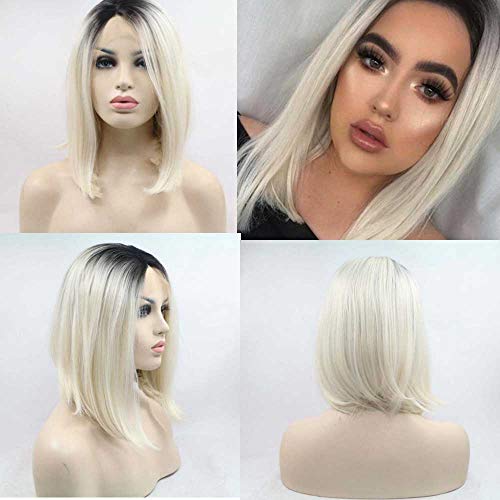 Sylvia - Peluca pelo corte Bob, ombré, raíces negras, melena rubia, pelo de fibra resistente al calor