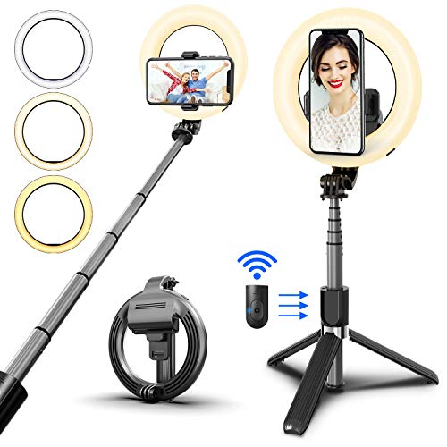 SYOSIN Luz de Anillo, Palo Selfie Anillo de Luz LED con Trípode Control Remoto Inalámbrico 3 Colores para Móvil Selfie Maquillaje Youtube TIK Tok Live