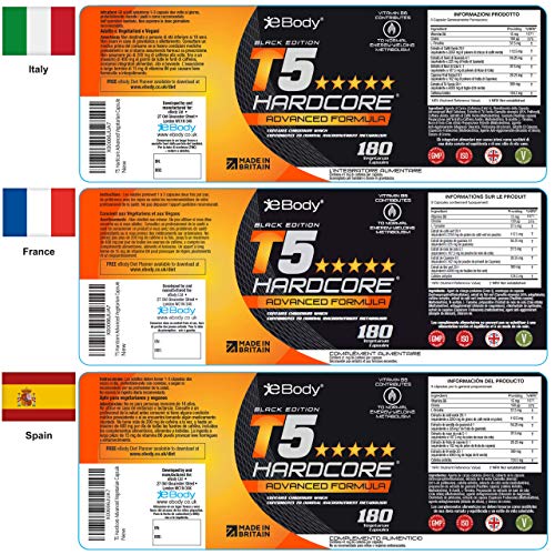 T5 Hardcore quemagrasas potente para adelgazar para hombres y mujeres el cual contiene L-tirosina, cromo, vitamina B6 y extractos botánicos, Mens Health Review & Hecho en el Reino Unido (180 cápsulas vegetarianas)