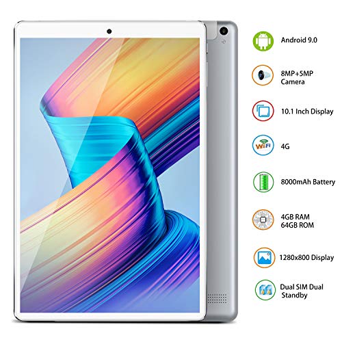 Tablet 10 Pulgadas 4G FHD 64GB de ROM 4GB de RAM Android 9.0 Certificado por Google GMS Tablet PC Procesador de Quad Core Batería 8500mAh Dual SIM 8MP Cámara WiFi,Bluetooth,GPS,OTG(Plata)