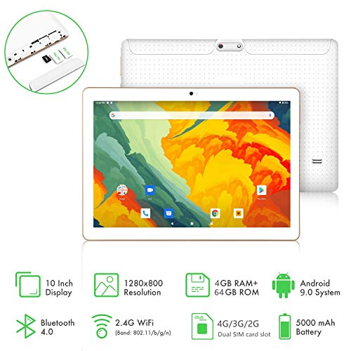 Tablet 10 Pulgadas 4G LTE WIFI BEISTA,Android 9.0 tableta,4GB RAM 64GB ROM,Quad-core,Full HD display,GPS,Bluetooth,OTG(Blanco)