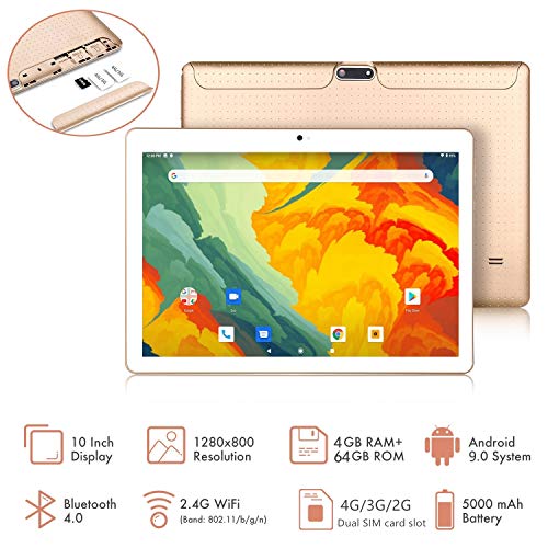 Tablet 10 Pulgadas 4G LTE WIFI BEISTA,Android 9.0 tableta,4GB RAM 64GB ROM,Quad-core,Full HD display,GPS,Bluetooth,OTG(Oro)