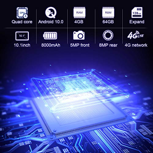 Tablet 10 Pulgadas 4GB de RAM 64GB/128GB de ROM Android 10.0 Certificado por Google GMS Tablet PC Barats y Buenas Batería 8000mAh Quad Core 4G Dual SIM 8MP Cámara Netflix WIFI Bluetooth GPS OTG(Plata)