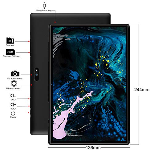 Tablet 10 Pulgadas 4G/WiFi Android 9.0 Pie Ultrar-Rápido Tablets 3GB RAM + 32GB ROM/128GB Escalable | Laptop Convertible de Oficina | Dual SIM - 8000mA Bluetooth5.0 GPS Tablet (5+8.0MP Cámara) Negro