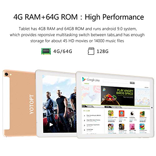 Tablet 10 Pulgadas YOTOPT, 4GB de RAM y 64 GB de Memoria 4G LTE Tableta Android 9.0 Certificado por Google GMS Dobles SIM y TF, GPS WiFi Soporte (Oro)