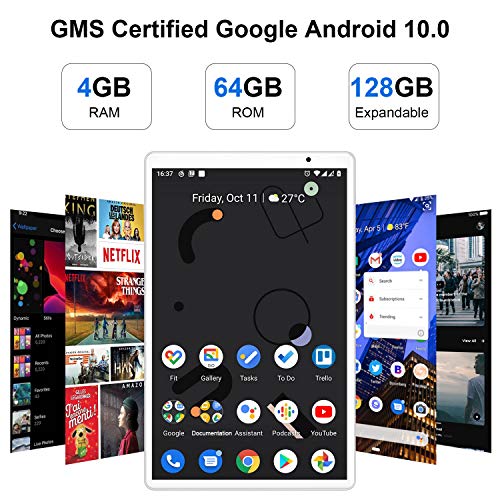 Tablet 10.1 Pulgadas Android 10 Quad Core, Certificación Google GMS 4 GB RAM 64GB/128GB ROM 8000mAh Tablet Dual SIM Tablet 10 Pulgadas Buenas,IPS, 5+8 MP, Disney +, OTG, Netfilix (Oro)