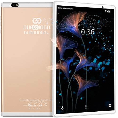 Tablet 10.1 Pulgadas Android 10 Quad Core, Certificación Google GMS 4 GB RAM 64GB/128GB ROM 8000mAh Tablet Dual SIM Tablet 10 Pulgadas Buenas,IPS, 5+8 MP, Disney +, OTG, Netfilix (Oro)
