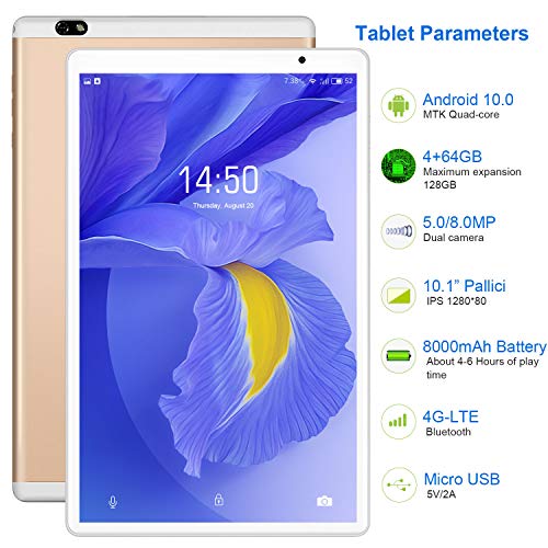 Tablet 10.1 Pulgadas Android 10 Quad Core, Certificación Google GMS 4 GB RAM 64GB/128GB ROM 8000mAh Tablet Dual SIM Tablet 10 Pulgadas Buenas,IPS, 5+8 MP, Disney +, OTG, Netfilix (Oro)